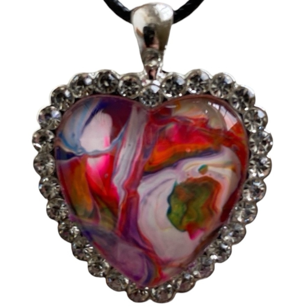 Hand Crafted Necklace Fluid Art Heart Pendant Pink White Orange and Green